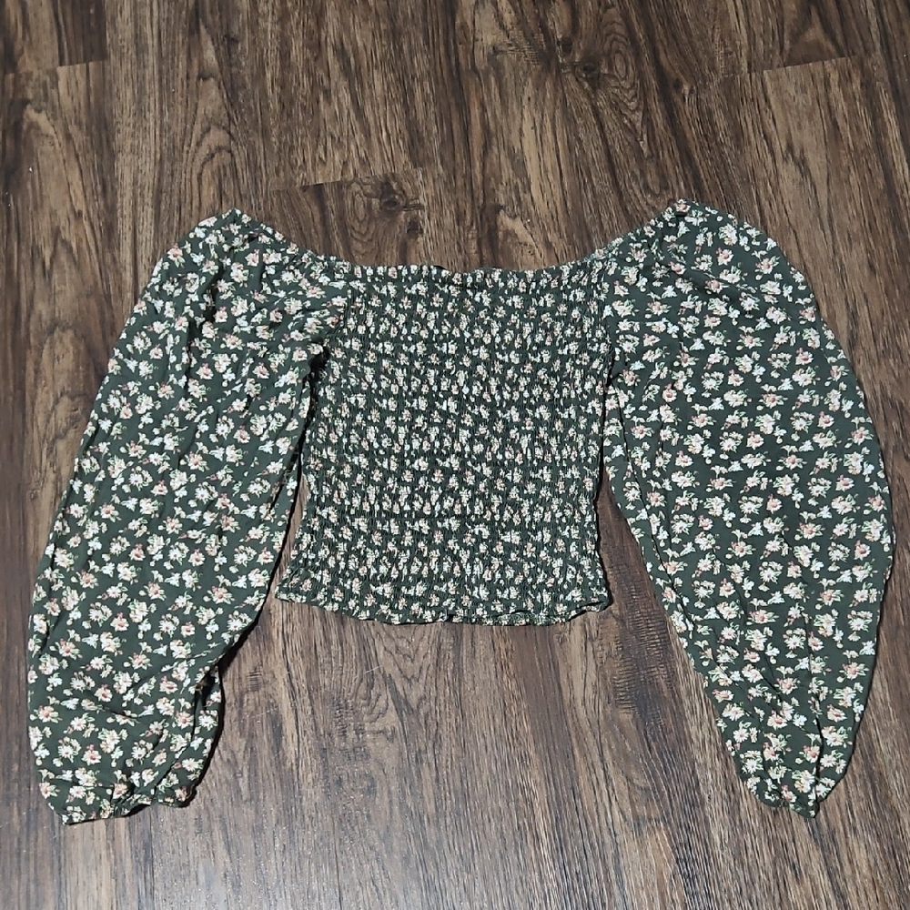 Justify Dark Green Floral Smocked Off-the-Shoulder Blouse, Size L